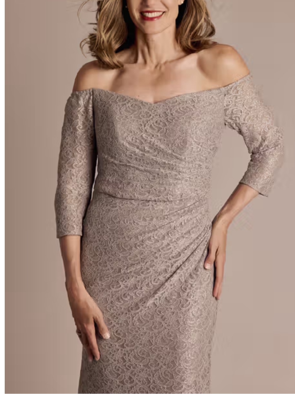 OLEG CASSINI Off-the-Shoulder Three-Quarter Sleeve Lace Sheath NWT - Picture 3 of 16